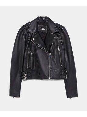 ZARA Black Leather Biker Jacket with Zip Details